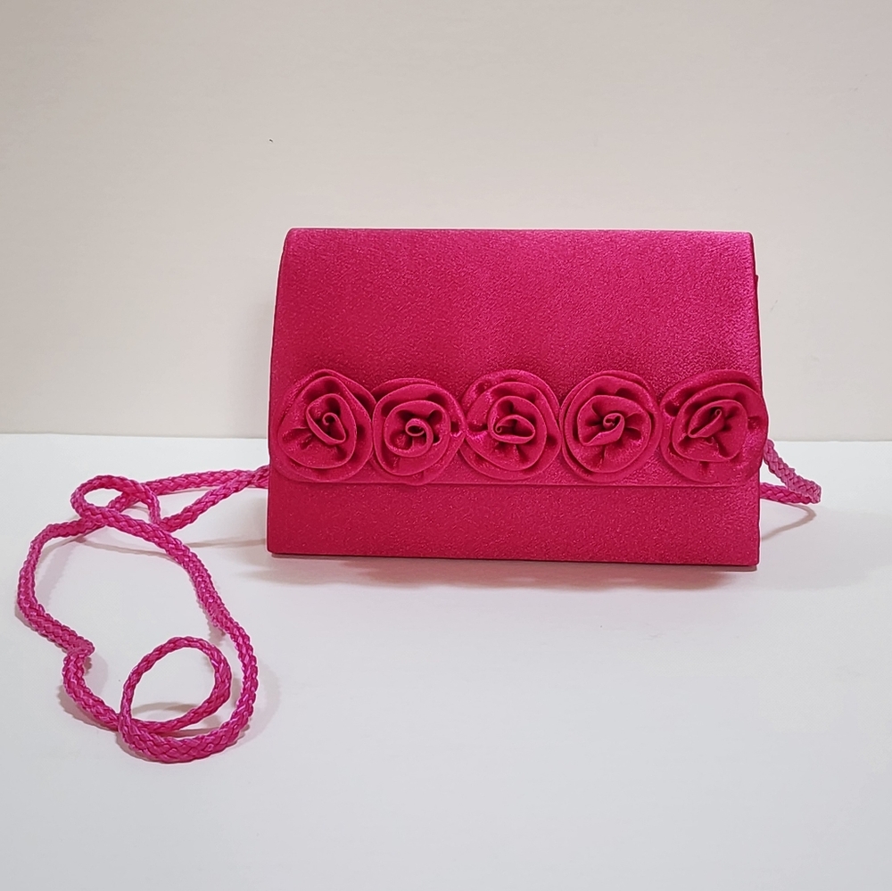 EVENING BAG IN HOT PINK SATIN.  STRAP/CLUTCH WITH SATIN ROSETTES ALONG FLAP NWOT